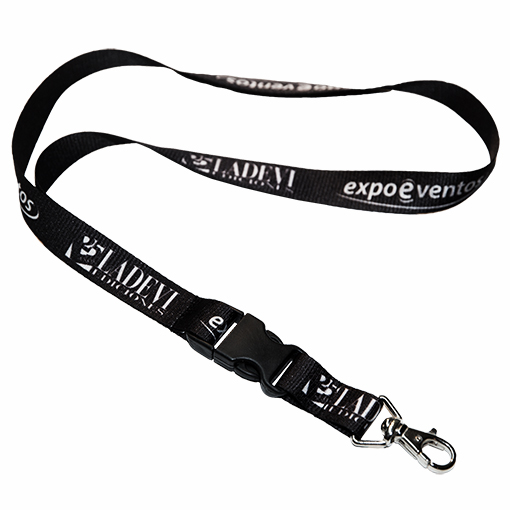 Llavero colgante completo de cinta poliéster de 20 mm con mosquetón náutico de zamac y hebilla enchufe